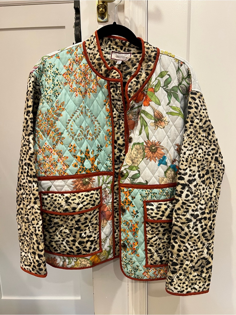 Johnny Was Quilted Patchwork Puffer Jacket in Aqua, Cream & Brown Leopard